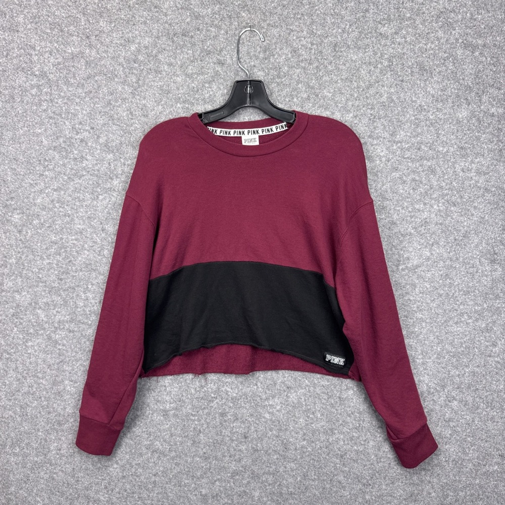 PINK Victoria's Secret Maroon Black Colorblock Snap‎ Sleeve Crop Sweatshirt S